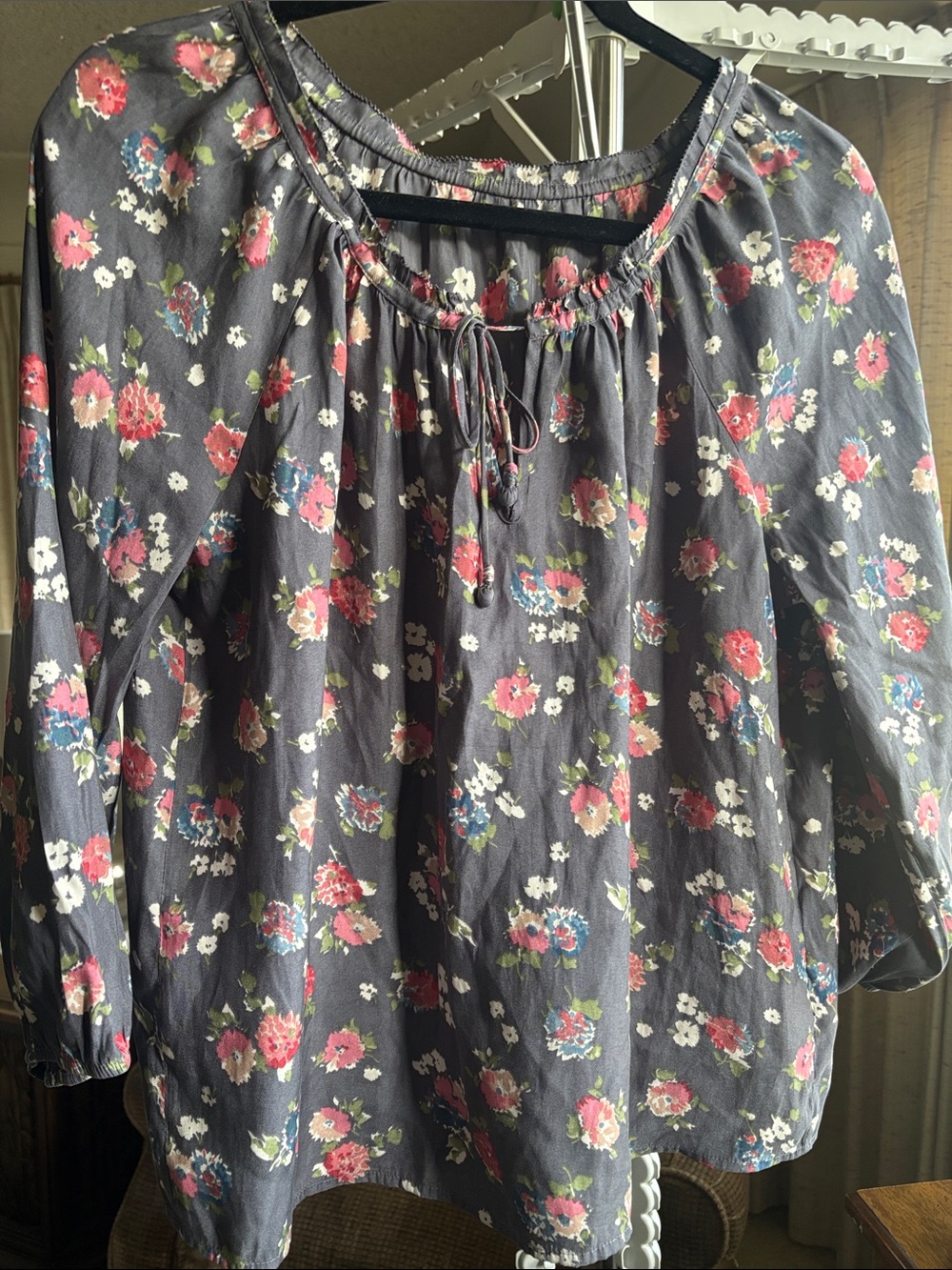 Floral Peasant Blouse - Charcoal with Pink Floral Print